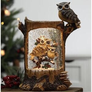 10” Christmas Owl Family Snow Globe, Musical Glittering Christmas Snow Globes